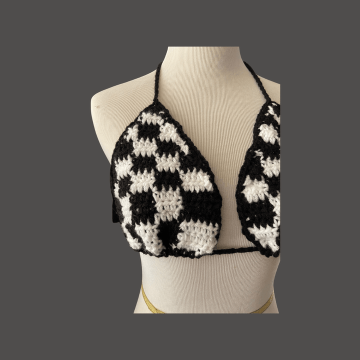 Black Checkerboard Bikini Top | Classic and Chic Women's Swimwear | Handmade Beach Fashion nazimaknits