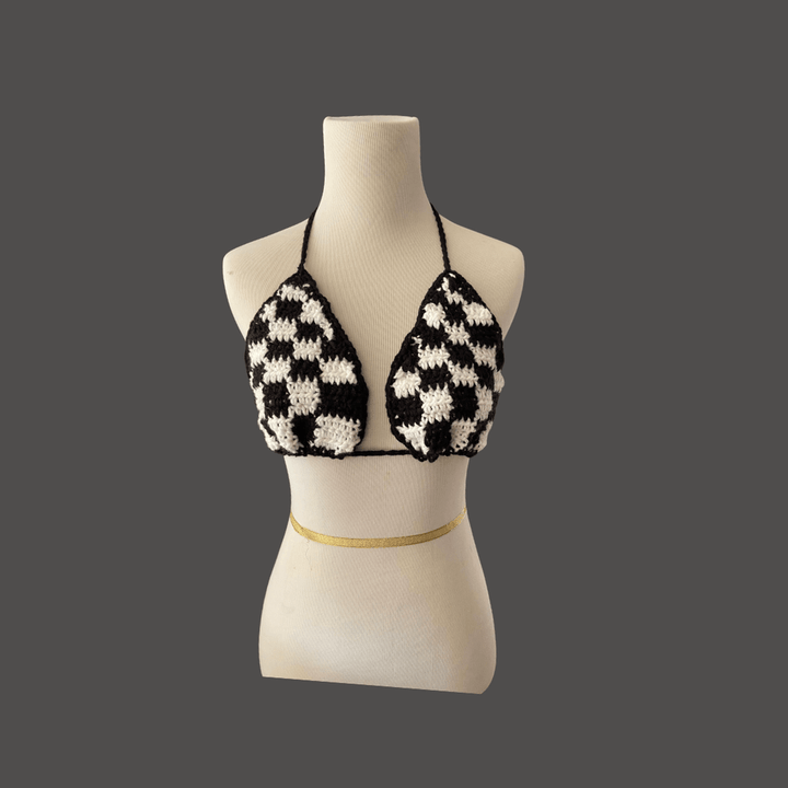 Black Checkerboard Bikini Top | Classic and Chic Women's Swimwear | Handmade Beach Fashion nazimaknits