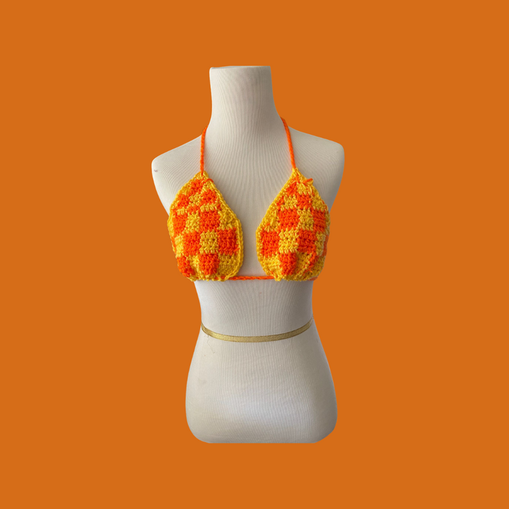 Orange Checkerboard Bikini Top | Classic and Chic Women's Swimwear | Handmade Beach Fashion