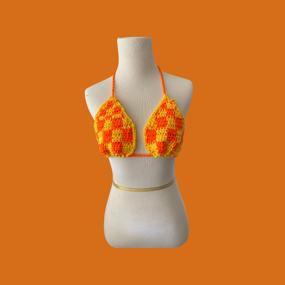Orange Checkerboard Bikini Top