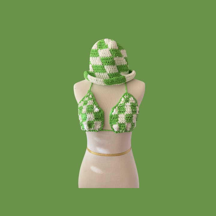 Green Checkerboard Bikini Top | Classic and Chic Women's Swimwear | Handmade Beach Fashion