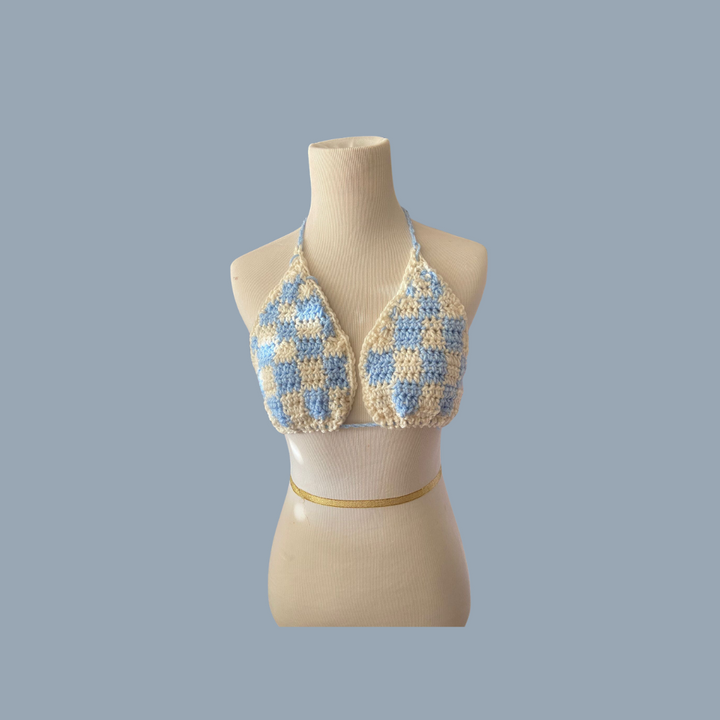 Lite Blue Checkerboard Bikini Top | Classic and Chic Women's Swimwear | Handmade Beach Fashion