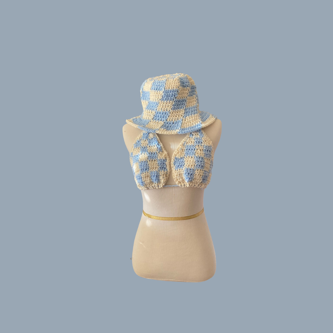 Lite Blue Checkerboard Bikini Top