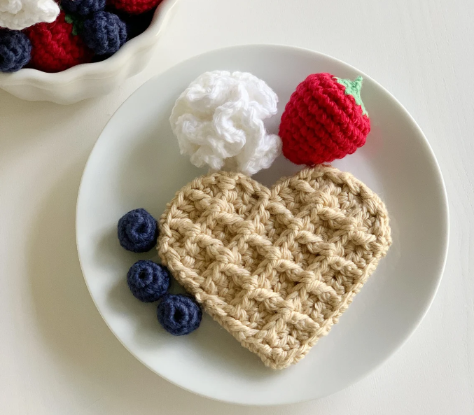 Crochet Heart Waffle with Whipped Cream and Strawberry