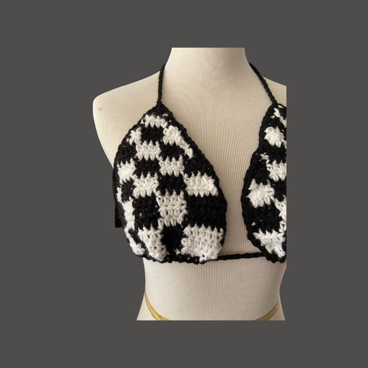 Black Checkerboard Bikini Top | Classic and Chic Women's Swimwear | Handmade Beach Fashion