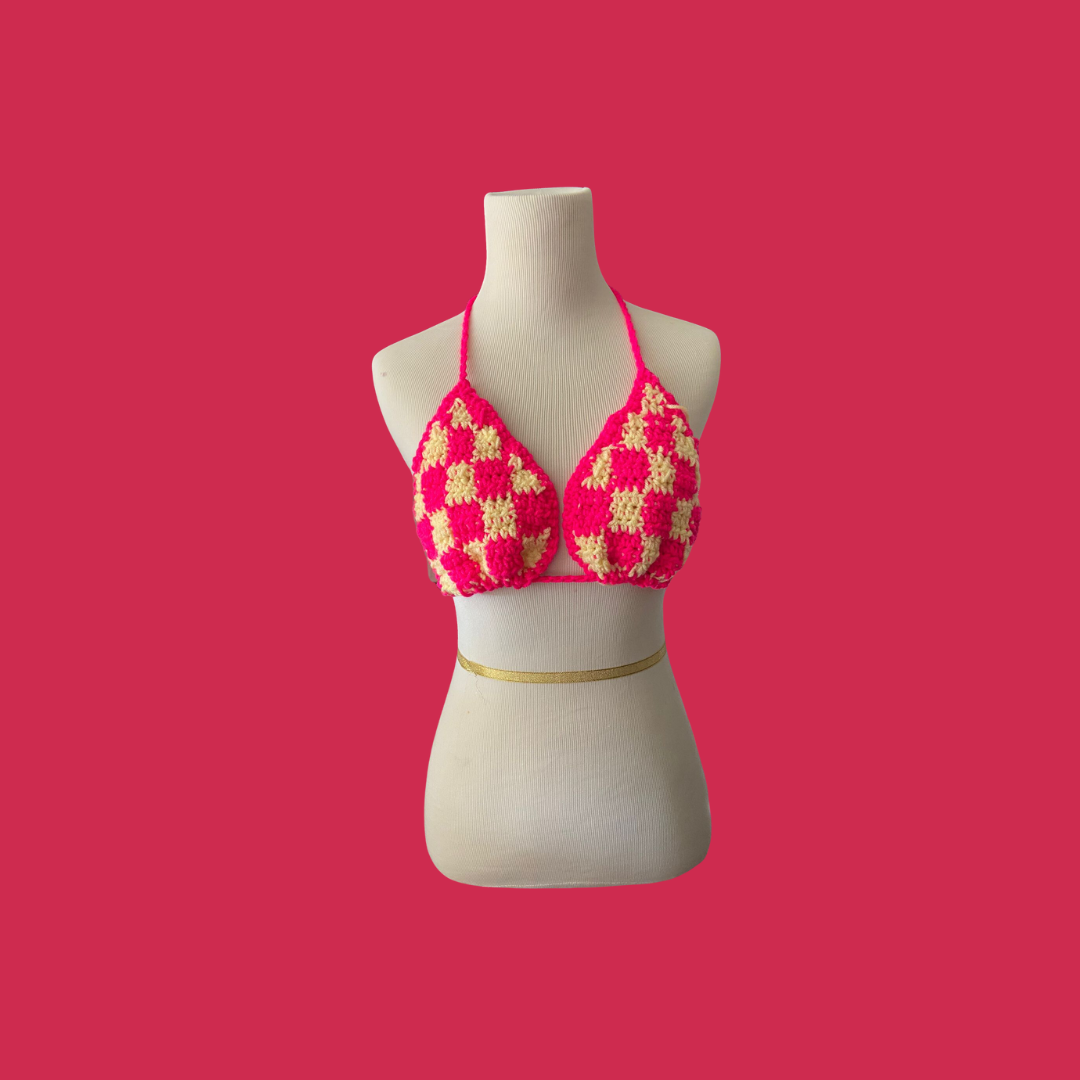 Neon Pink Checkerboard Bikini Top
