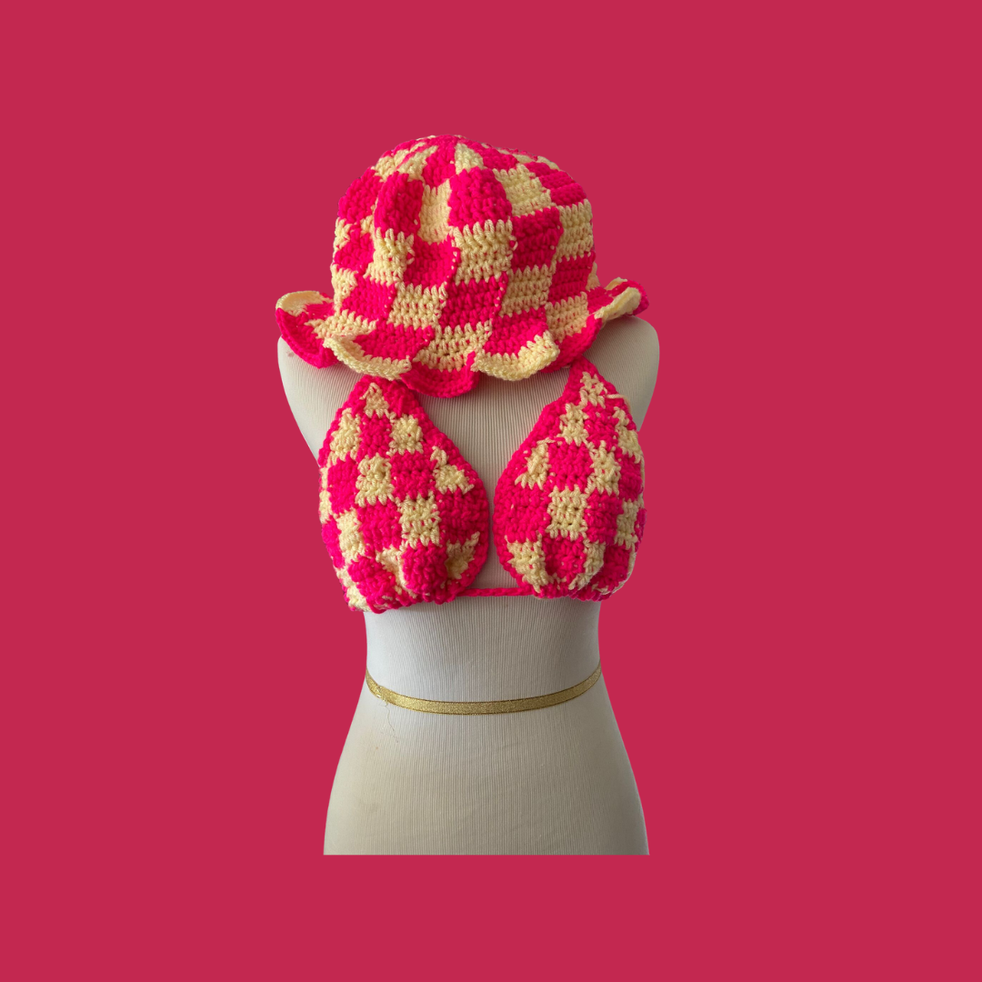 Neon Pink Checkerboard Bikini Top