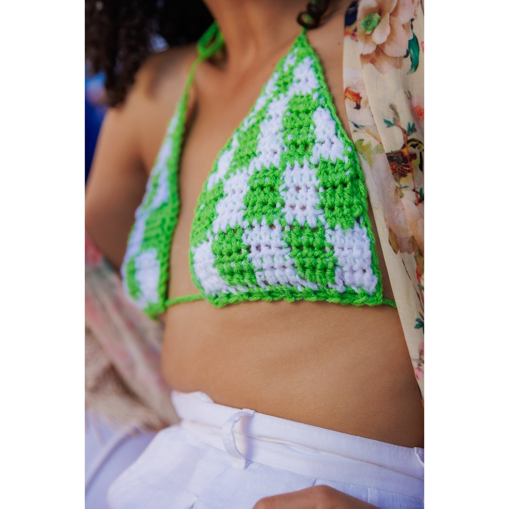 Green Checkerboard Bikini Top | Classic and Chic Women's Swimwear | Handmade Beach Fashion nazimaknits