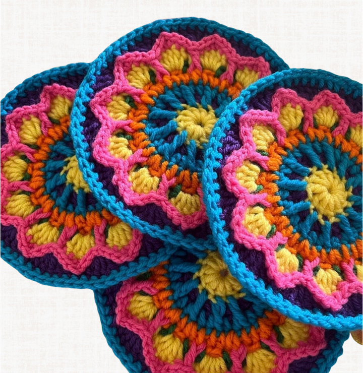 Bohemian Crochet Coaster- Blue Trim