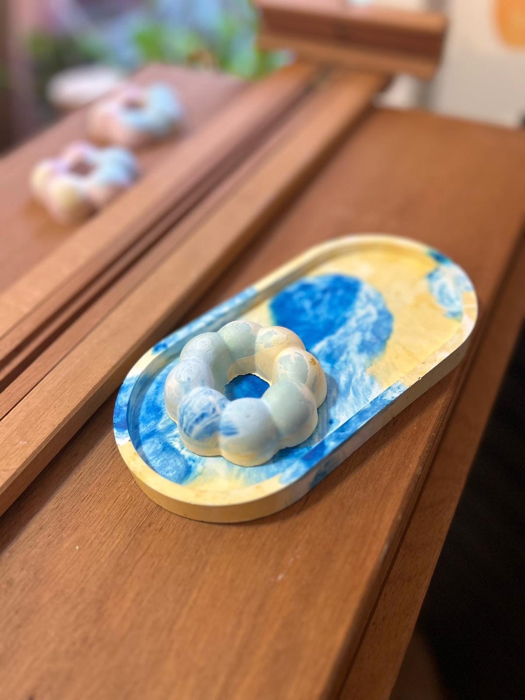 Blue Marble Toned Ceramic Tray and Taper Holder Set