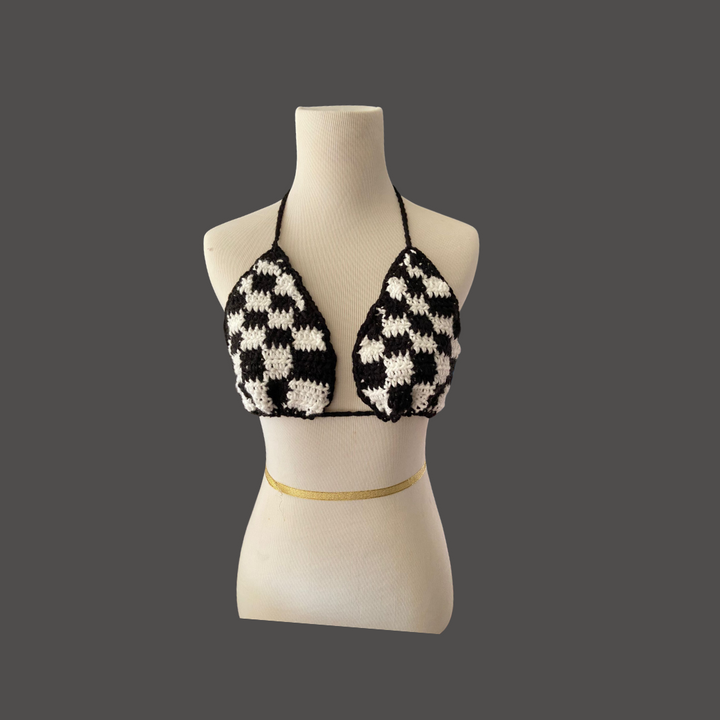 Black Checkerboard Bikini Top | Classic and Chic Women's Swimwear | Handmade Beach Fashion