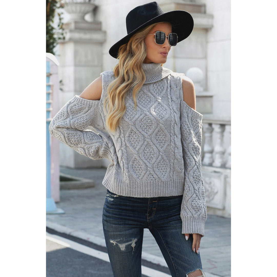Cold Shoulder Textured Turtleneck Sweater